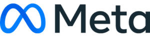 The image shows the logo of Meta, consisting of a blue, stylized infinity symbol on the left and the word "Meta" in bold, black letters on the right.