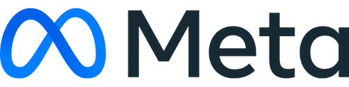 The image shows the logo of Meta, consisting of a blue, stylized infinity symbol on the left and the word "Meta" in bold, black letters on the right.