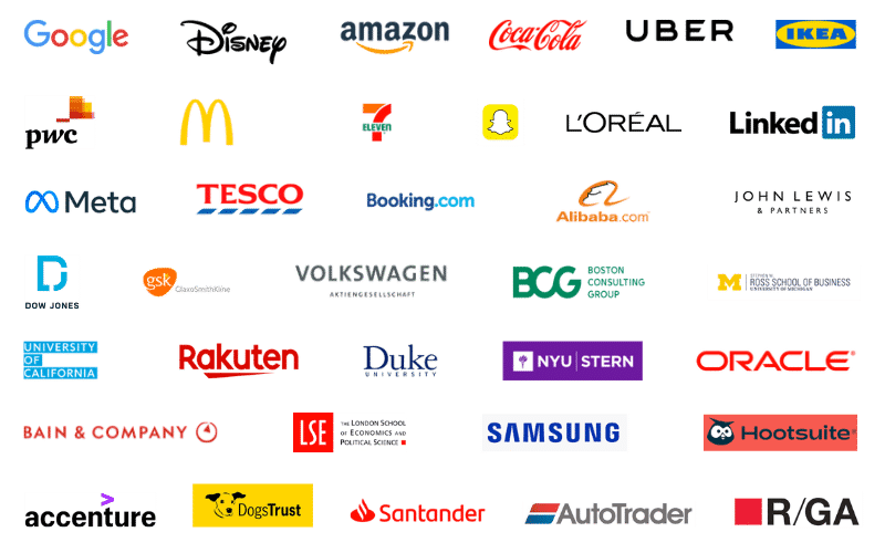 A collection of various well-known corporate and educational logos arranged in a grid. The logos include Google, Disney, Amazon, Coca-Cola, Uber, IKEA, PwC, McDonald's, 7-Eleven, Snapchat, L'Oréal, LinkedIn, Meta, TESCO, Booking.com, Alibaba, John Lewis & Partners, Dow Jones, GSK, Volkswagen, BCG, University of Michigan Ross School of Business, Rakuten, Duke University, NYU Stern, Oracle, Bain & Company, The London School of Economics and Political Science, Samsung, Hootsuite, Accenture, DogsTrust, Santander, AutoTrader, and R/GA.