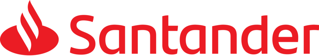 The image shows the Santander logo, featuring the word “Santander” in bold red text with a red flame-like shape to the left of the text. The flame consists of three vertical, curved lines converging at the top.