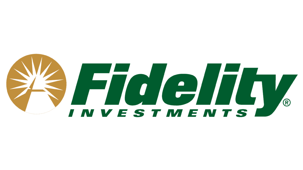 Logo of Fidelity Investments. The logo features a gold circular icon with a stylized, white, lighthouse and rays. Next to the icon, the words "Fidelity Investments" are in bold, dark green text.