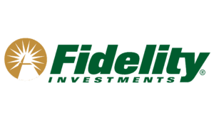 Logo of Fidelity Investments. The logo features a gold circular icon with a stylized, white, lighthouse and rays. Next to the icon, the words "Fidelity Investments" are in bold, dark green text.