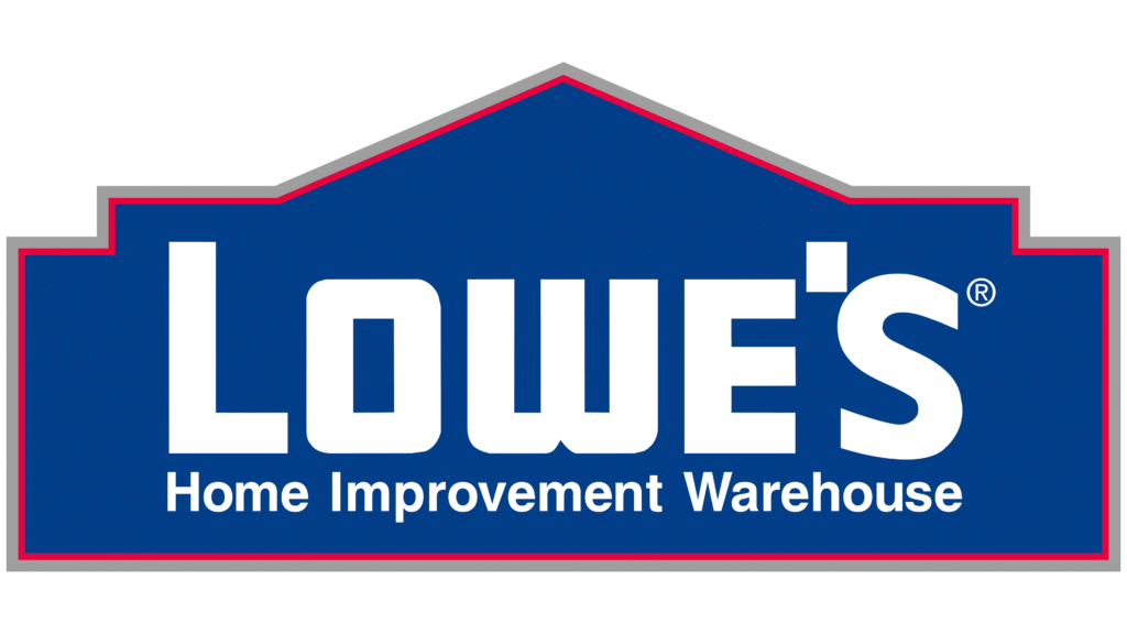 The image is a logo for Lowe's. It features a blue, house-shaped sign with a red outline, containing the white text "LOWE'S" in bold letters. Below it, in smaller white text, it reads "Home Improvement Warehouse.