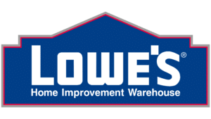The image is a logo for Lowe's. It features a blue, house-shaped sign with a red outline, containing the white text "LOWE'S" in bold letters. Below it, in smaller white text, it reads "Home Improvement Warehouse.