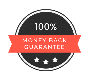 A black circular badge with white text stating "100% MONEY BACK GUARANTEE" on a red ribbon across the center. Three white stars are displayed at the bottom of the badge.