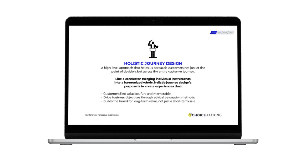 A laptop screen displaying a presentation slide titled "Holistic Journey Design." The slide includes a graphic of a person conducting, several bullet points about customer journey design, and the logo of "Choice Hacking." Text and logos are visible against a white background. - Choice Hacking Academy A laptop screen displaying a presentation slide titled "Holistic Journey Design." The slide includes a graphic of a person conducting, several bullet points about customer journey design, and the logo of "Choice Hacking." Text and logos are visible against a white background.
