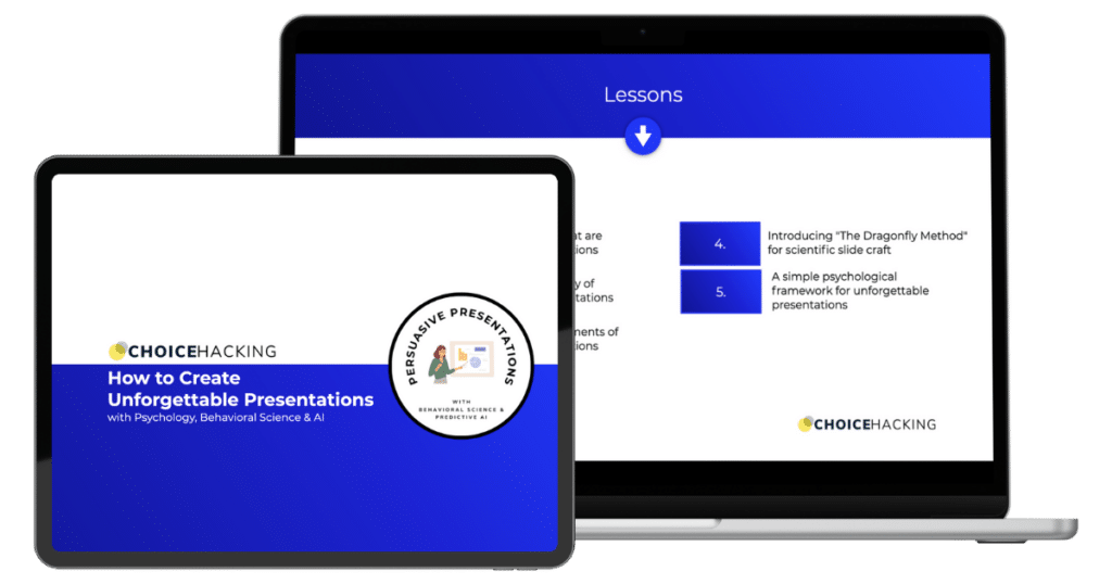 A tablet and a laptop display educational content from Choice Hacking. The tablet shows a title slide: "How to Create Unforgettable Presentations with Psychology, Behavioral Science & AI." The laptop shows a slide with lesson points and the Choice Hacking logo.