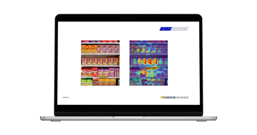 A laptop screen displaying an image of grocery shelves filled with various packaged goods on the left and an enhanced version with color overlays on the right. The bottom right corner features the text "Choice Hacking.