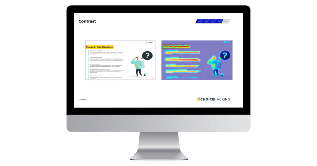 An image of a computer monitor displaying a presentation slide titled "Contrast." The slide shows two versions of a frequently asked questions section, one with light text on a dark background and the other with low contrast text. The Choice Hacking logo is at the bottom.