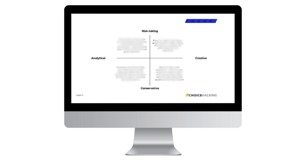A computer monitor displays a quadrant chart titled "Risk-taking" with four sections: Analytical, Creative, Conservative, and Risk-taking. It has blurred text in each section. The branding "CHOICEHACKING" is visible at the bottom right corner.