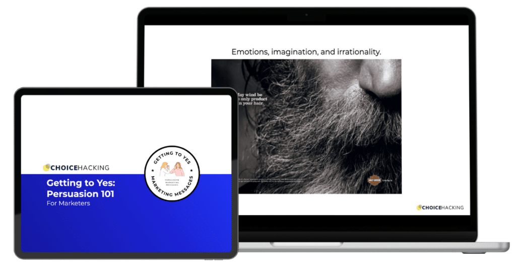An iPad and a laptop are shown. The iPad screen displays a "ChoiceHacking" course titled "Getting to Yes: Persuasion 101 for Marketers." The laptop screen shows a close-up image of a person's bearded face with the text "Emotions, imagination, and irrationality. - Choice Hacking Academy An iPad and a laptop are shown. The iPad screen displays a "ChoiceHacking" course titled "Getting to Yes: Persuasion 101 for Marketers." The laptop screen shows a close-up image of a person's bearded face with the text "Emotions, imagination, and irrationality.