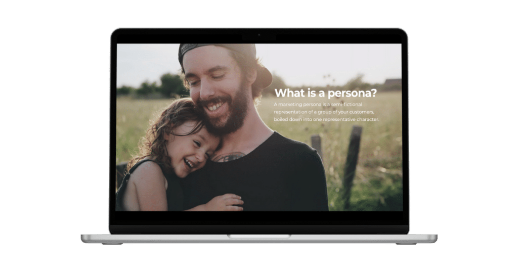 A laptop screen displays an image of a smiling man wearing a cap and hugging a happy child outdoors. The text on the screen reads, "What is a persona? A marketing persona is a semi-fictional representation of a group of your customers, boiled down into one representative character. - Choice Hacking Academy A laptop screen displays an image of a smiling man wearing a cap and hugging a happy child outdoors. The text on the screen reads, "What is a persona? A marketing persona is a semi-fictional representation of a group of your customers, boiled down into one representative character.