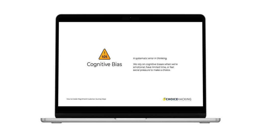 A laptop displaying a slide titled "Cognitive Bias" with a warning icon. The text describes cognitive bias as a systematic error in thinking, and states they occur when we're emotional, have limited time, or feel social pressure. The slide is from Choice Hacking. - Choice Hacking Academy A laptop displaying a slide titled "Cognitive Bias" with a warning icon. The text describes cognitive bias as a systematic error in thinking, and states they occur when we're emotional, have limited time, or feel social pressure. The slide is from Choice Hacking.