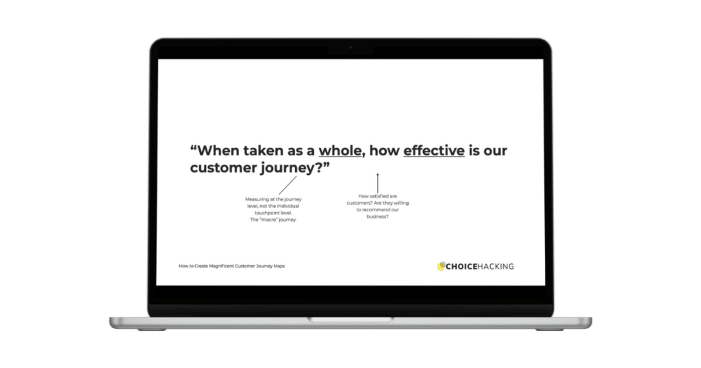 A laptop displays a presentation slide that reads, "When taken as a whole, how effective is our customer journey?" Below, there is a quote about measuring the customer journey across all touchpoints and ensuring effectiveness. The CHOICEHACKING logo is on the slide. - Choice Hacking Academy A laptop displays a presentation slide that reads, "When taken as a whole, how effective is our customer journey?" Below, there is a quote about measuring the customer journey across all touchpoints and ensuring effectiveness. The CHOICEHACKING logo is on the slide.