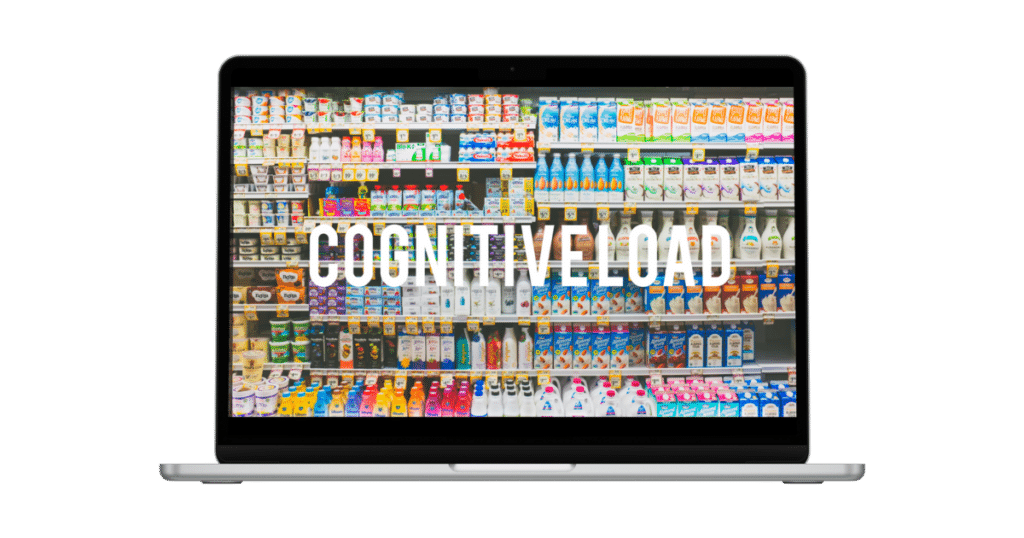 Image of a laptop screen displaying an image of a supermarket dairy aisle filled with various milk and dairy products. The word "COGNITIVE LOAD" is prominently overlaid on the screen in large white text. Background is transparent. - Choice Hacking Academy Image of a laptop screen displaying an image of a supermarket dairy aisle filled with various milk and dairy products. The word "COGNITIVE LOAD" is prominently overlaid on the screen in large white text. Background is transparent.