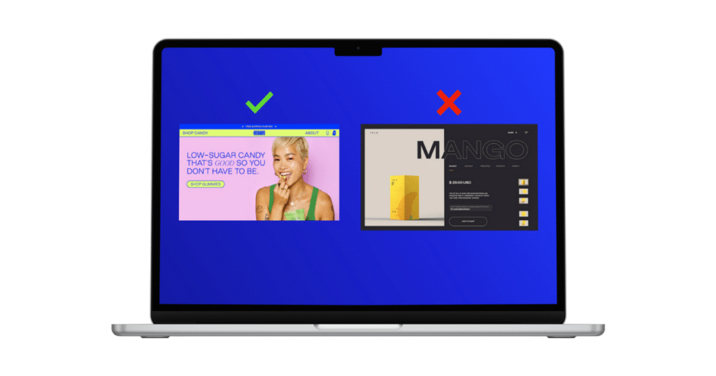 A laptop screen displays two website designs side by side on a blue background. The left design, marked with a green check, features a bright, colorful layout with a woman holding a lollipop. The right design, marked with a red X, has a darker, minimalist aesthetic. - Choice Hacking Academy A laptop screen displays two website designs side by side on a blue background. The left design, marked with a green check, features a bright, colorful layout with a woman holding a lollipop. The right design, marked with a red X, has a darker, minimalist aesthetic.