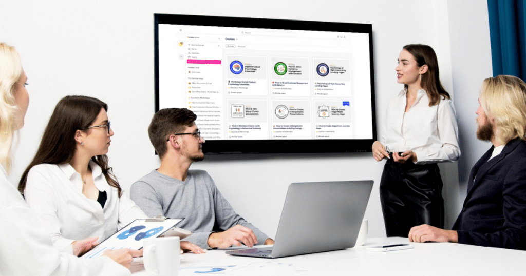 A team looking at Choice Hacking Academy's courses in their office on a screen on the wall.