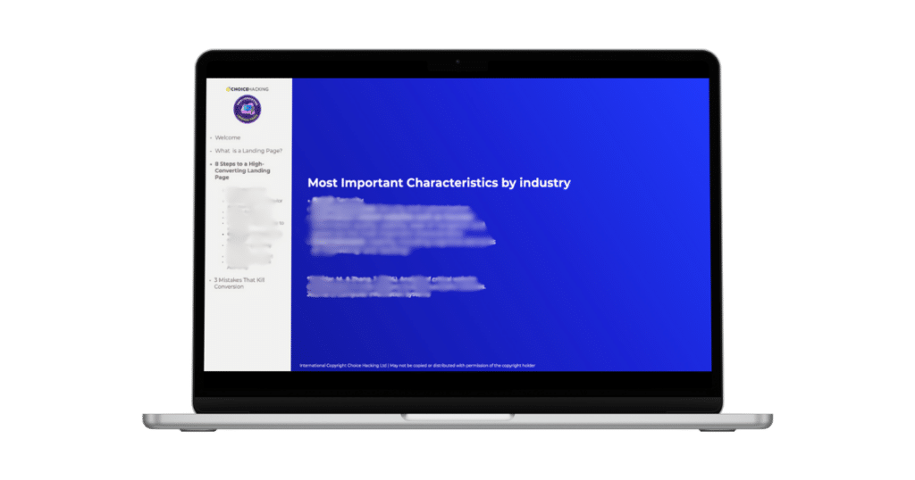 A laptop displaying a presentation slide titled "Most Important Characteristics by industry" with blurred text on a blue background. The slide includes a logo at the top left corner and a menu list on the left side of the screen. - Choice Hacking Academy A laptop displaying a presentation slide titled "Most Important Characteristics by industry" with blurred text on a blue background. The slide includes a logo at the top left corner and a menu list on the left side of the screen.