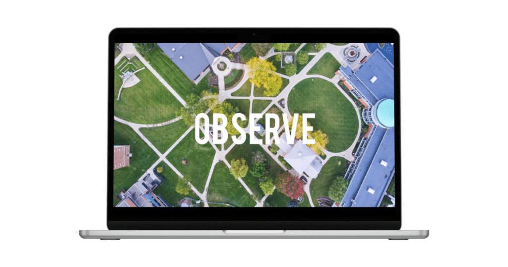 A laptop displays an aerial view of a landscaped campus with pathways, trees, and several buildings. The word "OBSERVE" is prominently overlaid in the center of the image. - Choice Hacking Academy A laptop displays an aerial view of a landscaped campus with pathways, trees, and several buildings. The word "OBSERVE" is prominently overlaid in the center of the image.