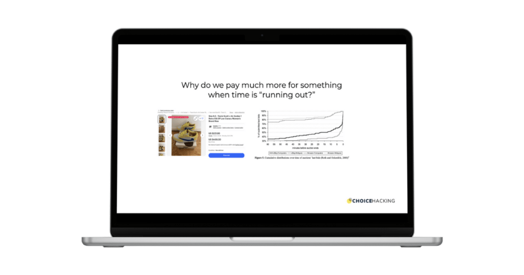 A laptop screen displaying a presentation slide. The slide features the text, "Why do we pay much more for something when time is 'running out'?", along with an image of a dessert, a stock status indicator on a website, and a line graph. The bottom right corner shows the logo "CHOICEHACKING". - Choice Hacking Academy A laptop screen displaying a presentation slide. The slide features the text, "Why do we pay much more for something when time is 'running out'?", along with an image of a dessert, a stock status indicator on a website, and a line graph. The bottom right corner shows the logo "CHOICEHACKING".