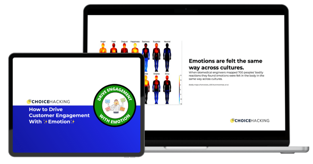 A tablet and a laptop displaying a presentation from Choice Hacking titled "How to Drive Customer Engagement With Emotion." The tablet shows the cover slide, while the laptop shows a slide stating "Emotions are felt the same way across cultures" with a body map image.