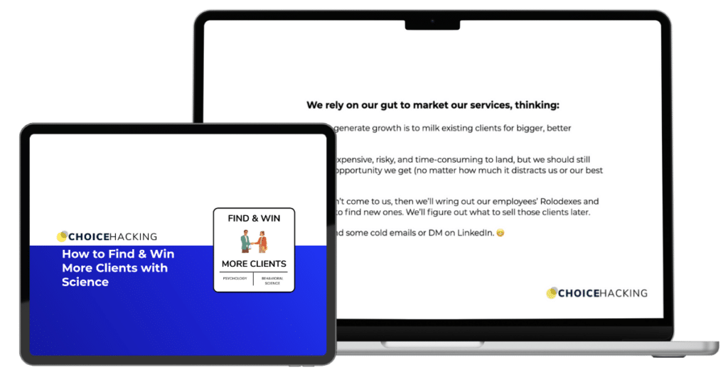Tablet and laptop screens are displayed. The tablet screen shows a blue and white presentation titled "How to Find & Win More Clients with Science" by Choice Hacking. The laptop screen displays a text slide about marketing services, emphasizing finding new clients.