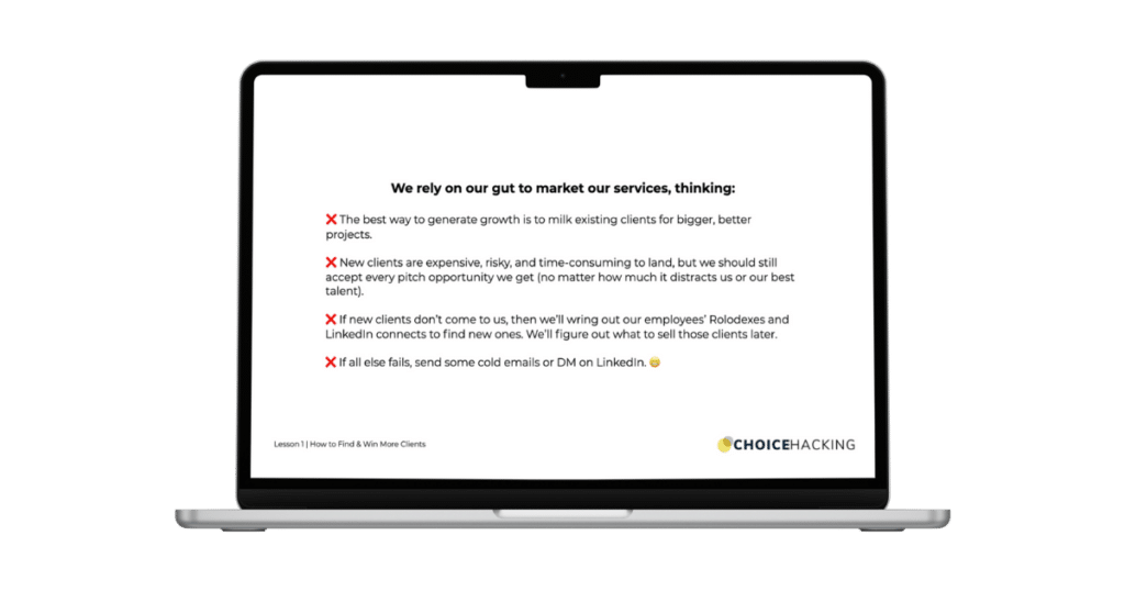 A laptop screen displays a list of marketing strategies with text and icons. Points marked with a red 'X' outline ineffective methods, and a single green checkmark highlights networking on LinkedIn and cold emails as a viable approach. The Choice Hacking logo is visible at the bottom.