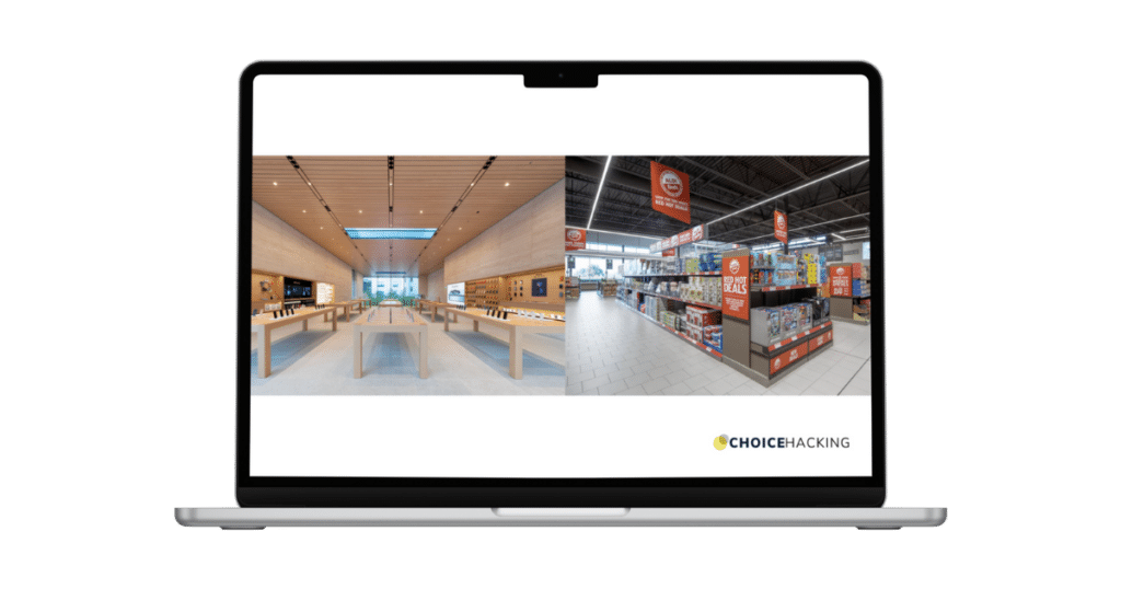 A laptop displays an image with a split screen. The left side shows a modern, minimalist tech store with wooden tables and various devices displayed. The right side features a cluttered retail store aisle filled with products and promotional signs.