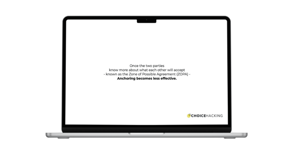 A laptop displays a slide that reads, "Once the two parties know more about what each other will accept - known as the Zone of Possible Agreement (ZOPA) - Anchoring becomes less effective." The CHOICEHACKING logo is at the bottom right corner.