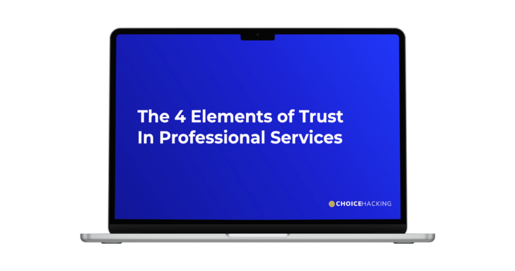A laptop with a blue screen displaying the text "The 4 Elements of Trust In Professional Services" stands against a white background. The organization's logo, "Choice Hacking," is in the bottom right corner of the screen.