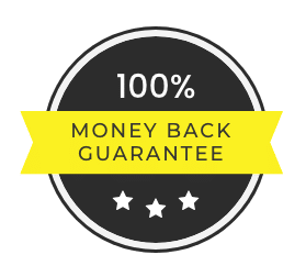 A black circular badge with a white outline features the text "100%" at the top, a yellow banner across the middle with "Money Back Guarantee" in black text, and three white stars at the bottom.