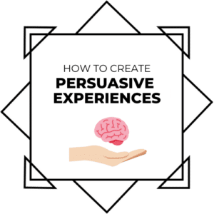 A graphic features the text "How to Create Persuasive Experiences" in black, with an illustration of an outstretched hand holding a pink brain. The background consists of black and white geometric shapes. - Choice Hacking Academy A graphic features the text "How to Create Persuasive Experiences" in black, with an illustration of an outstretched hand holding a pink brain. The background consists of black and white geometric shapes.