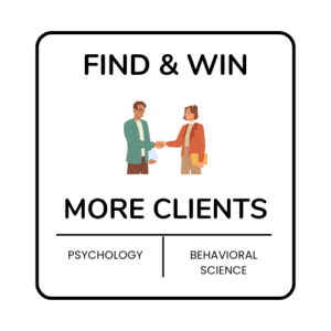 Illustration of a man and woman shaking hands, surrounded by text reading: "Find & Win More Clients" at the top, and "Psychology" and "Behavioral Science" at the bottom. The design has a clean, professional look with a white background.