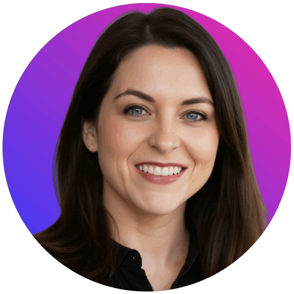 A woman with long brown hair and blue eyes smiles at the camera. She is wearing a black top, and the background is a gradient of purple to pink. - Choice Hacking Academy A woman with long brown hair and blue eyes smiles at the camera. She is wearing a black top, and the background is a gradient of purple to pink.