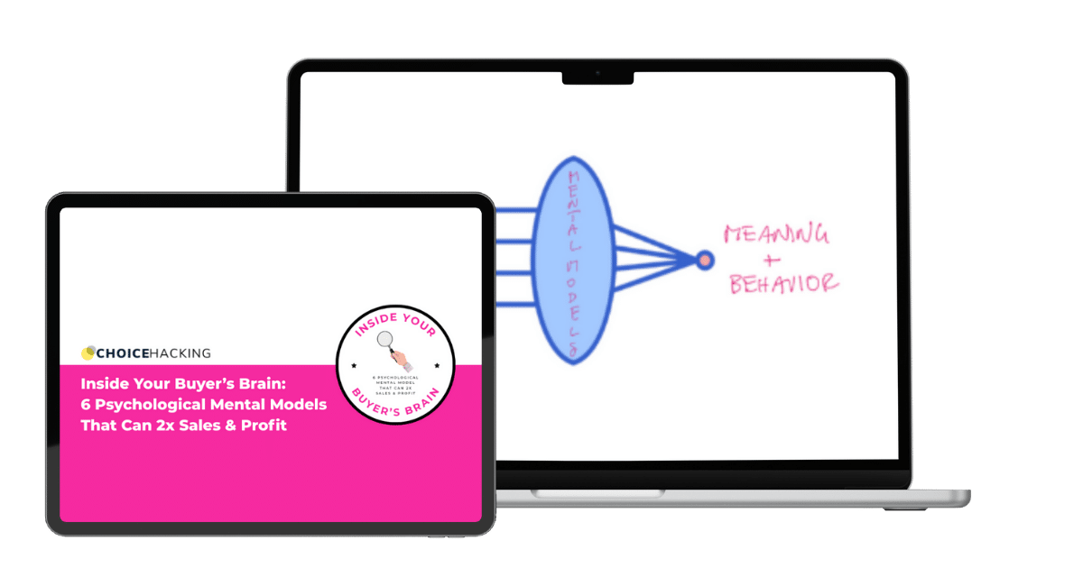 A tablet displaying an article titled "Inside Your Buyer’s Brain: 6 Psychological Mental Models That Can 2x Sales & Profit" sits next to a laptop showing a diagram about mental models, meaning, and behavior.