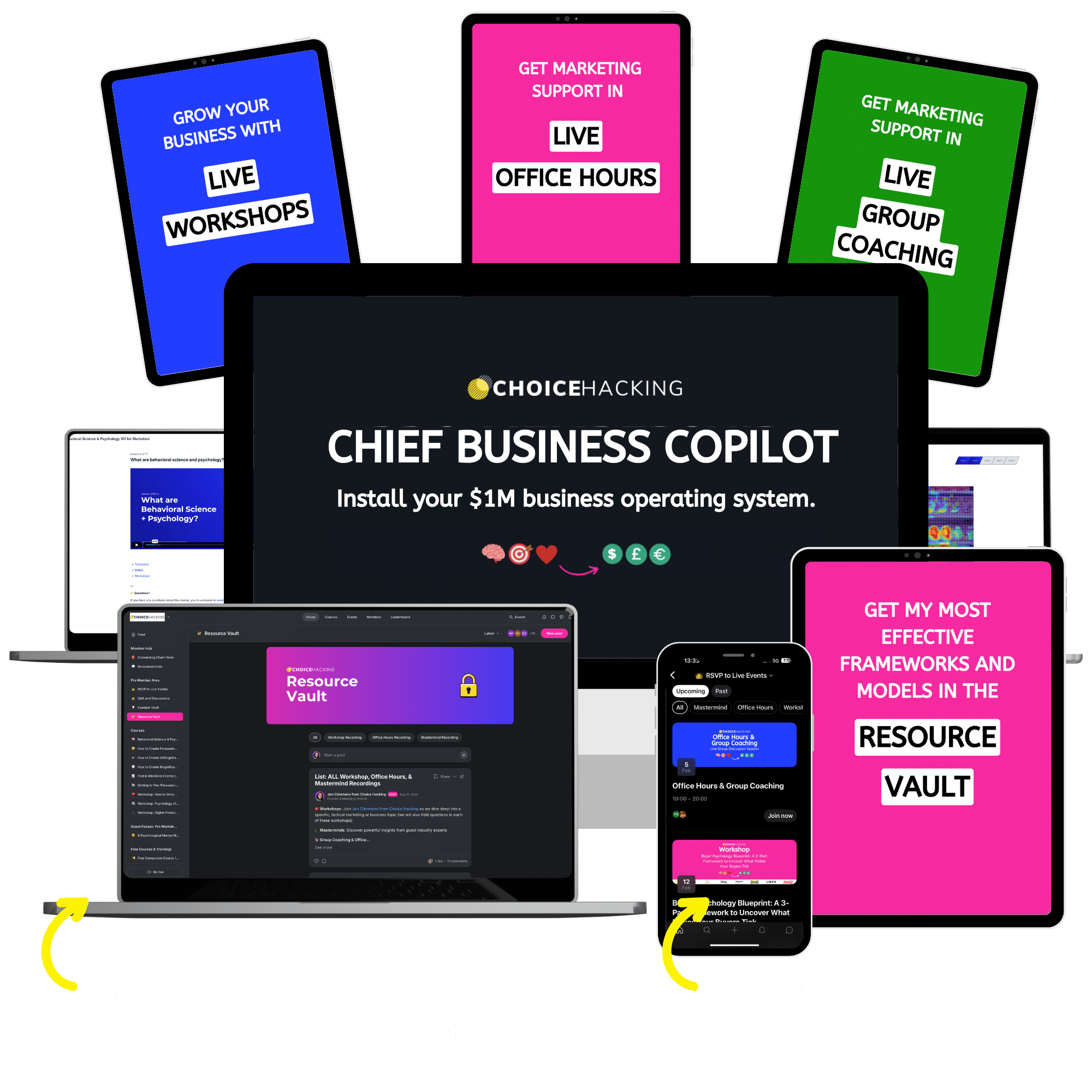 A promotional graphic for “Chief Business Copilot” shows laptops, a tablet, and smartphones displaying business resources, workshops, group coaching, office hours, and a resource vault. Arrows highlight key features. - Choice Hacking Academy A promotional graphic for “Chief Business Copilot” shows laptops, a tablet, and smartphones displaying business resources, workshops, group coaching, office hours, and a resource vault. Arrows highlight key features.